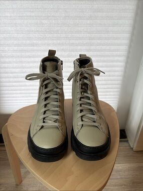 Camper Lace-Up High Top Boots in Light Cream with Black Soles